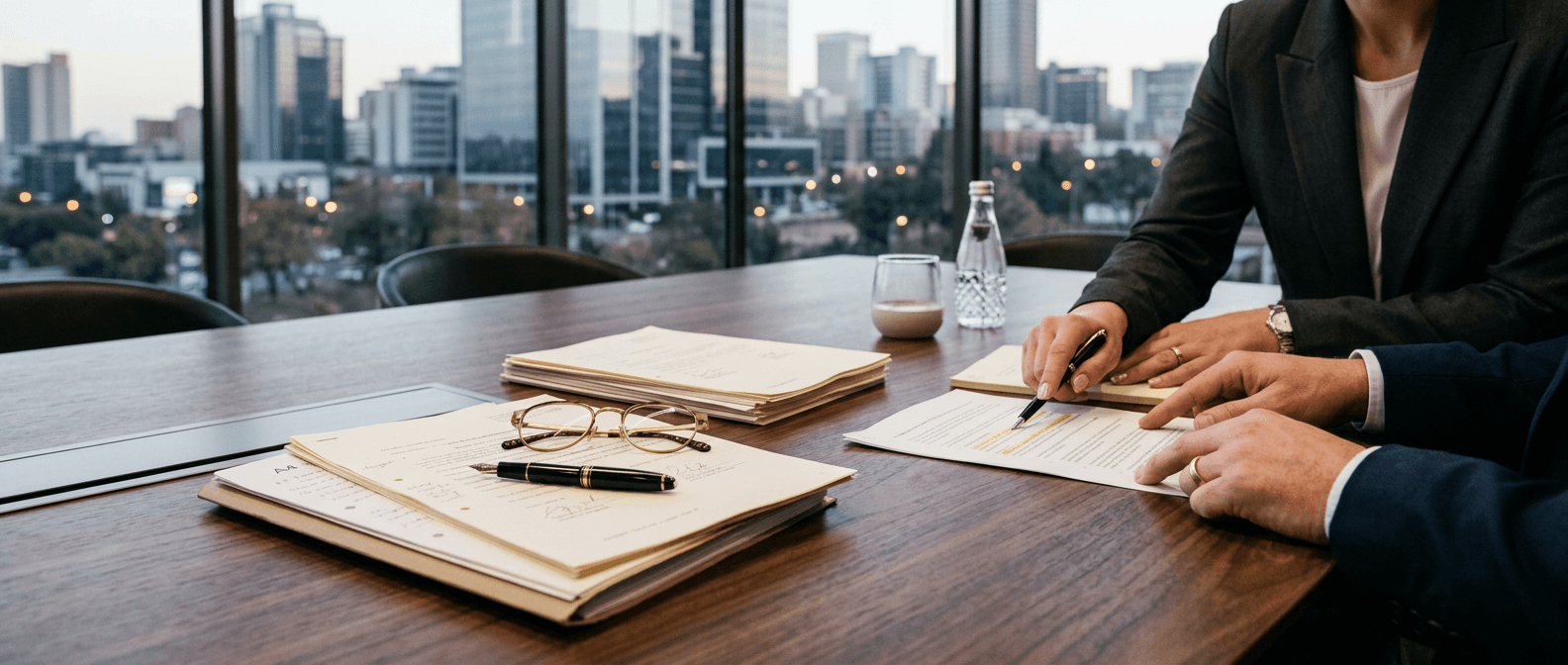 Corporate lawyers reviewing documents at a Sandton boardroom table