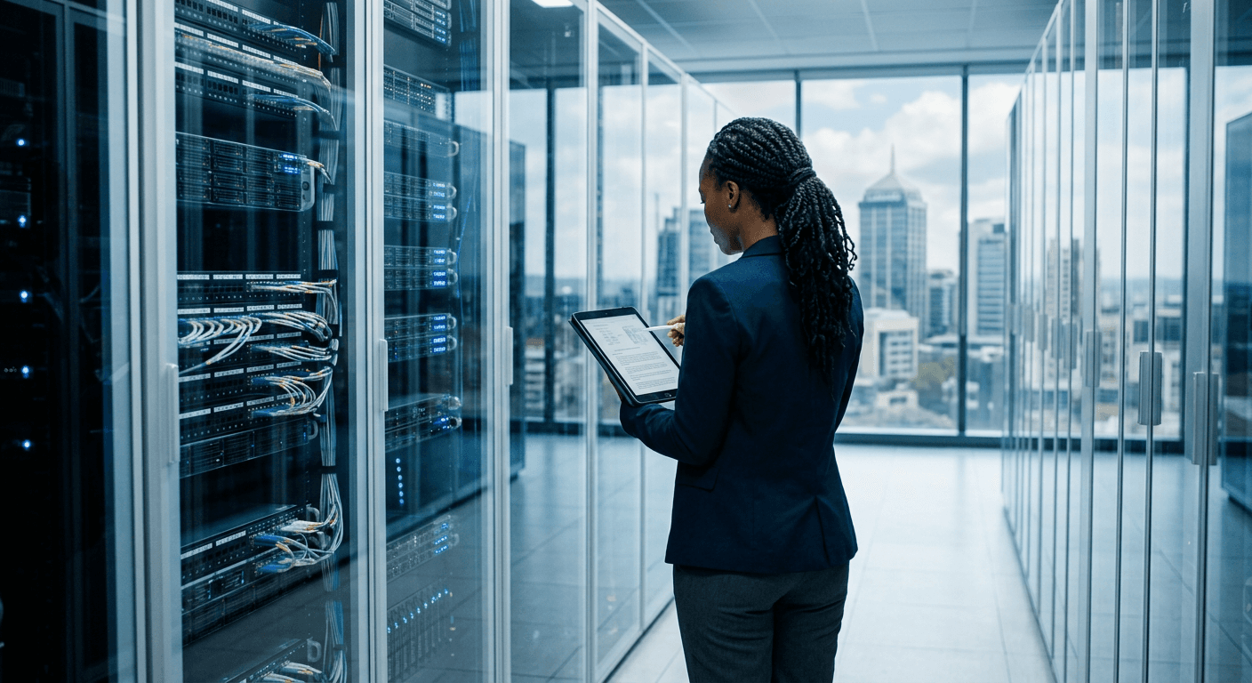Technology professional reviewing a network installation in a Johannesburg data centre