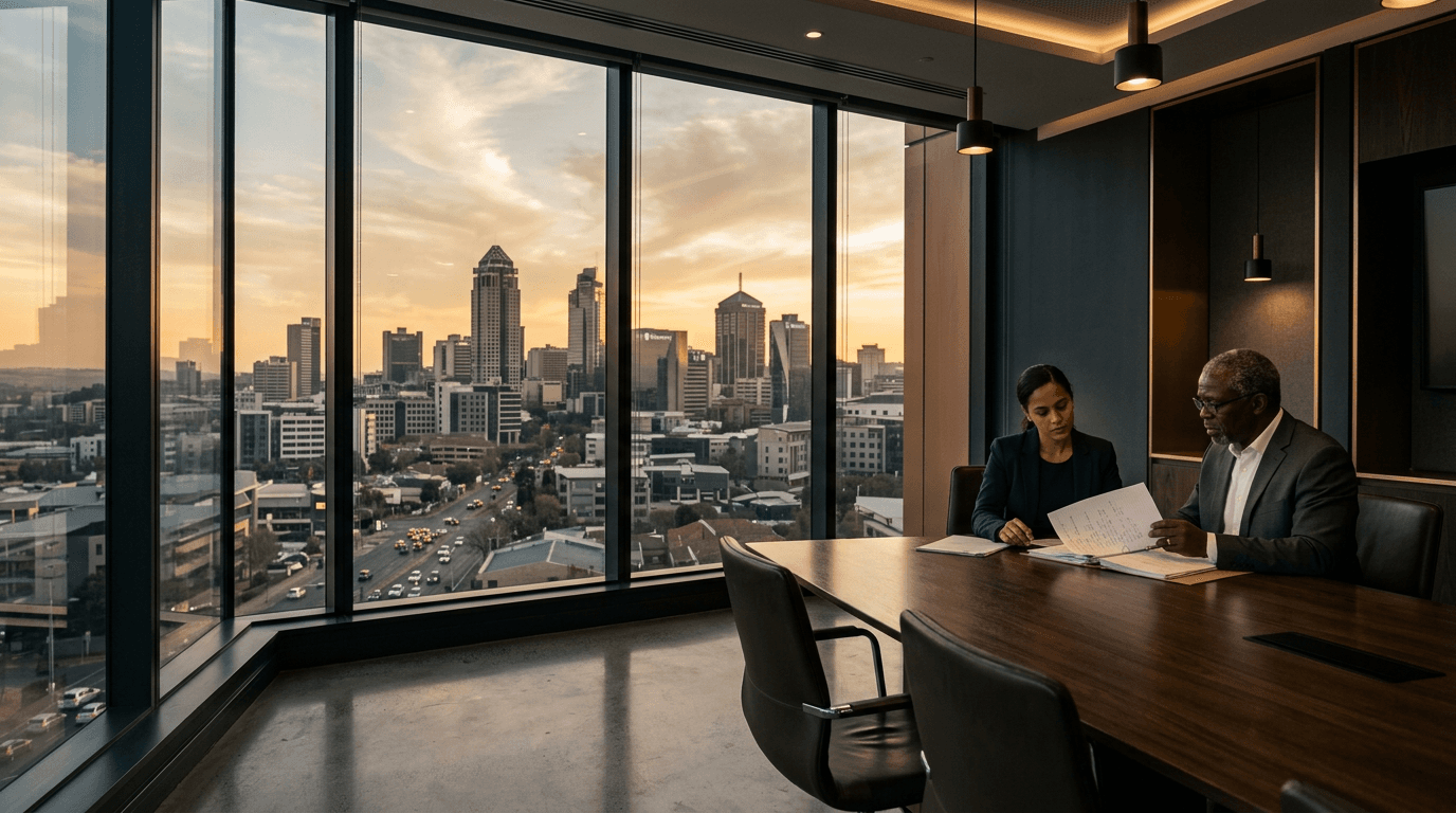 Lawyers reviewing a matter in a Johannesburg boardroom overlooking Sandton